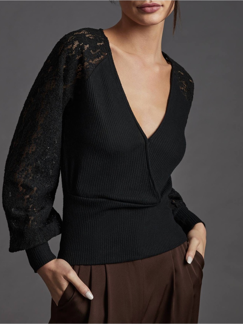 Anthropologie Black Lace Long Sleeve Sweater Top XXS Romantic Feminine Blouse